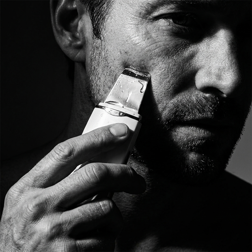 Man's hand applying ultrasonic facial cleansing device to skin
